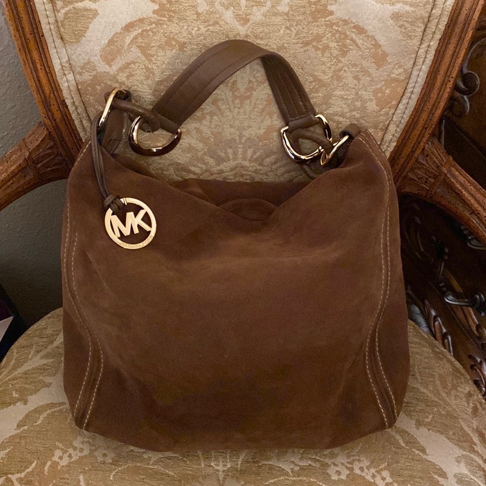 Camel colored suede Michael Kors hobo handbag